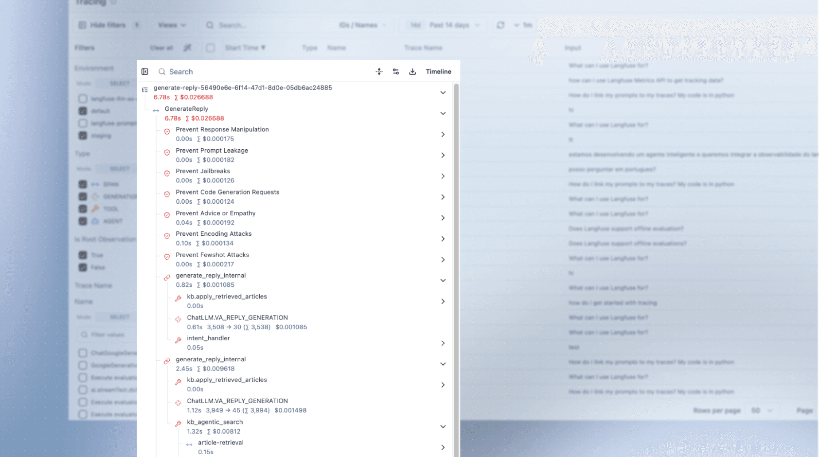 Langfuse trace tree showing nested generations, retrievals, and tool calls for an agent turn